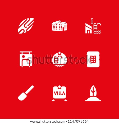 9 summer icon set with villa, building of big houses style and skimboard vector illustration for graphic design and web