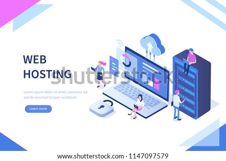 Web hosting concept with character. Can use for web banner, infographics, hero images. Flat isometric vector illustration isolated on white background. Royalty-Free Stock Photo #1147097579