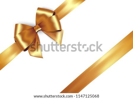 Shiny golden satin ribbon . Vector isolate gold bow for design greeting and discount card. Christmas gift, valentines day, birthday  wrapping element Royalty-Free Stock Photo #1147125068