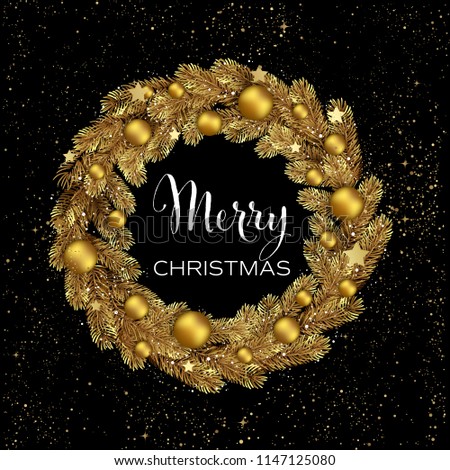 Christmas Wreath Gold Pine Branches. Vector illustration Royalty-Free Stock Photo #1147125080