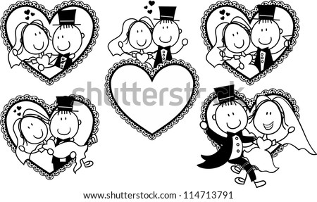 set of isolated cartoon couple in heart shape frame, ideal for funny wedding invitation