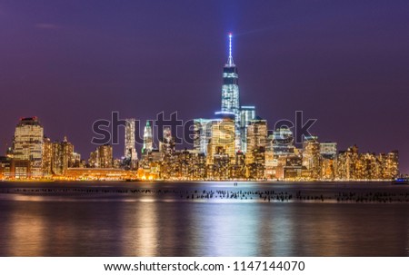 Evening view of Manhattan, Downtown, New York City, seen from Jersey City