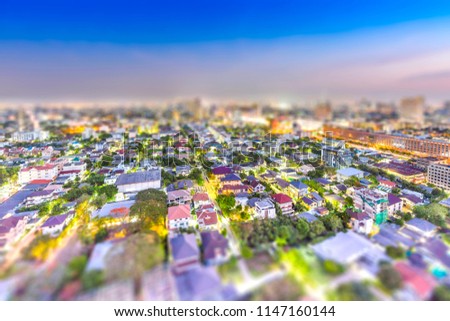 Bangkok Skyline at Night Time from a tall rooftop tilt shift miniature effect
