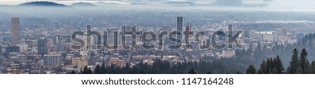 Foggy Portland Oregon Downtown Cityscape Panorama