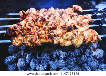 Tasty chicken shashlik. Skewered meat on the open grill. Roasted meat cooked at barbecue with smoke. Close up of fresh BBQ during cooking. Traditional eastern dish. 