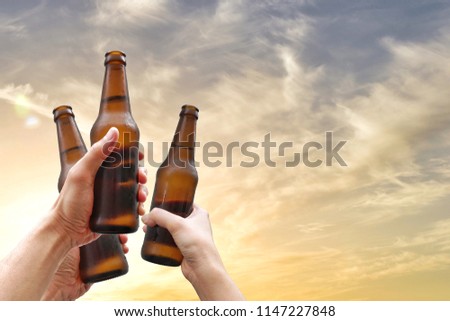 Hands holding three beer bottles and happy enjoying harvest time together to clinking glasses at outdoor party on beautiful sunset background.Celebration drinking beer.        Royalty-Free Stock Photo #1147227848