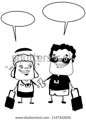 cute couple characters going to travel and plane background black white colors speech bubble