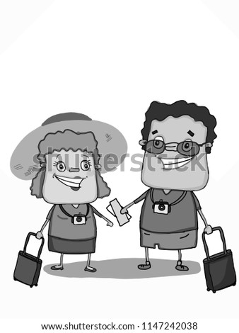 cute couple characters going to travel and  grey colors