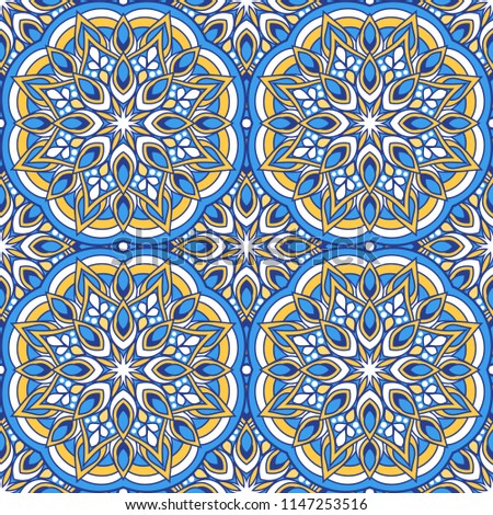 Seamless oriental ornamental pattern. Vector laced decorative background with round floral and geometric ornament. Repeating tiles with mandala. Indian or Arabic motive.