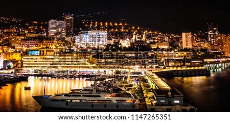 Monaco, Monte Carlo harbor in the French Riviera at night.
Long exposure shot from the sea. Royalty-Free Stock Photo #1147265351