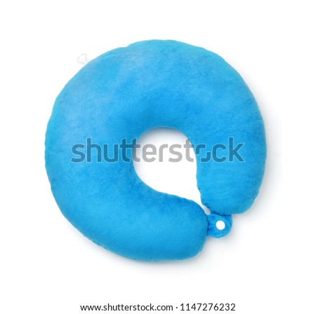 Top view of blue foam neck pillow isolated on white Royalty-Free Stock Photo #1147276232