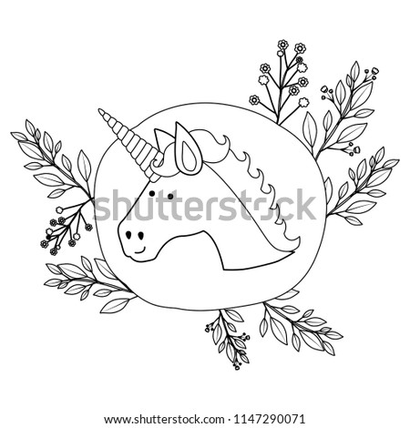 frame circular decorative with unicorn and flowers