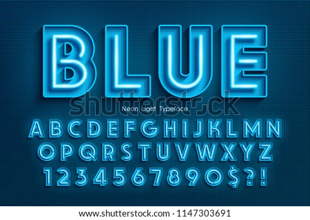 Neon light 3d alphabet, extra glowing font. Exclusive swatch color control. Royalty-Free Stock Photo #1147303691