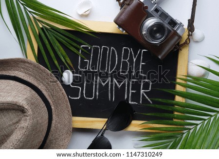 Goodbye Summer Text. Sunglasses, Fedora Hat, Palm Leaf, Camera, Sea Shells and Blackboard Room for Text. Flat Lay Traveling Holiday Vacation Background