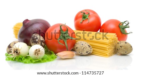 Still life. Fresh vegetables, quail eggs and spaghetti isolated on white background.