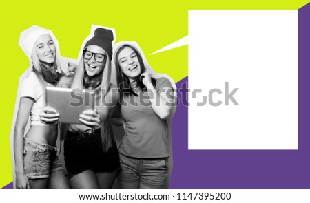 Three girls friends taking selfie with digital tablet, art collage