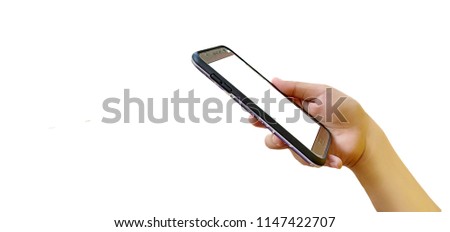 Photo of woman hand hold a white screened smartphone on white back ground with clipping path