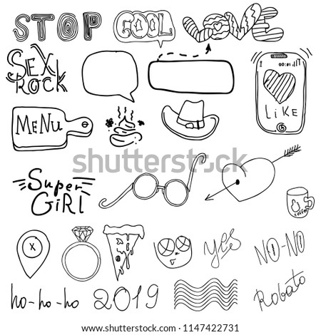 Girl's accessories. Girl signs and symbols. Hand drawn doodle vector set for girls. Modern princess icons. Girlish set. Isolated vector objects. Collection of girl's things.