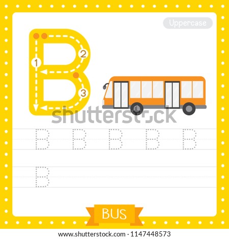 Letter B uppercase cute children colorful transportations ABC alphabet tracing practice worksheet of Bus for kids learning English vocabulary and handwriting Vector Illustration.