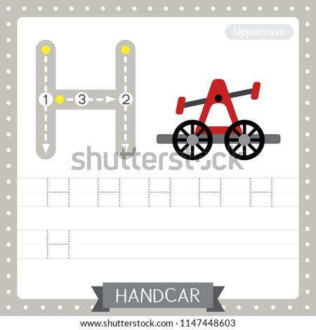 Letter H uppercase cute children colorful transportations ABC alphabet tracing practice worksheet of Handcar for kids learning English vocabulary and handwriting Vector Illustration.