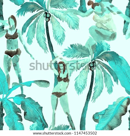 Summer beach pattern. People in swimsuits are standing among exotic palm, leaves and flowers.  Indigo navy blue print. Tropical hawaiian watercolor seamless tile. Bikini miami sunbathing girls. 