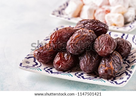 Fresh Medjool Dates. Ramadan kareem. Copy space.