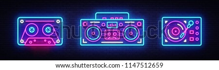 Big collection neon sing. Retro Music neon symbols design elements. Back to 80-90s light banner, modern trend design style. Bright signboard, night advertising. Vector illustration Royalty-Free Stock Photo #1147512659