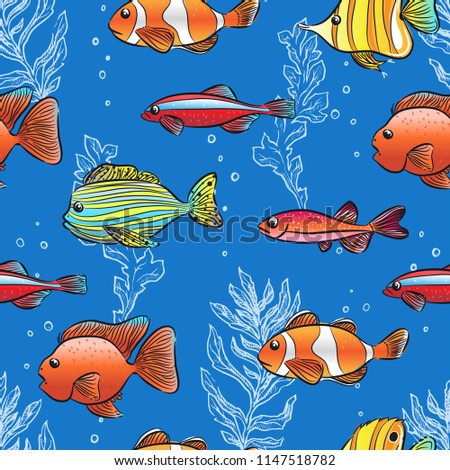 seamless background of cute fishes and seaweeds