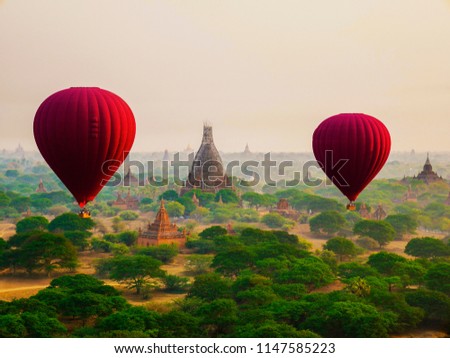first person view from one balloon over Bagan Archeological Area in the morning- Bagan, Myanmar