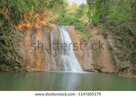 view of Nang Kruan Waterfall around with green forest, Lam Khlong Ngu National Park, Kanjanaburi, west Thailand