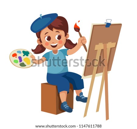 Happy little girl in a beret with a palette and brush sitting at a easel. child artist draws with paints. Cartoon vector illustration