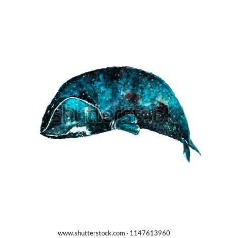 Hand paint watercolor blue whale illustration. Animal of ocean theme. (Can be used as texture for cards, invitations, DIY projects, web sites or for any other design.)
