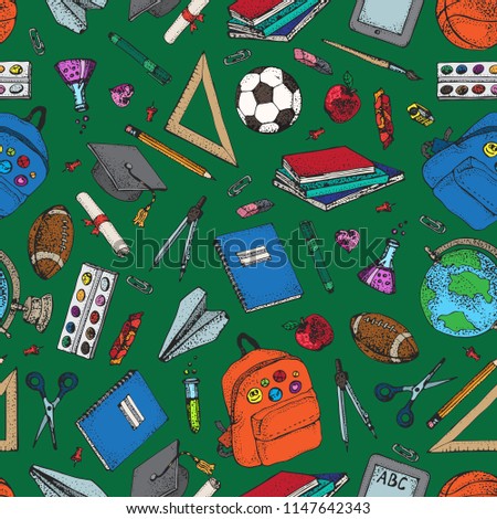 Vector seamless pattern with Back to school colorful design elements. Education stationery supplies and tools isolated on green background.