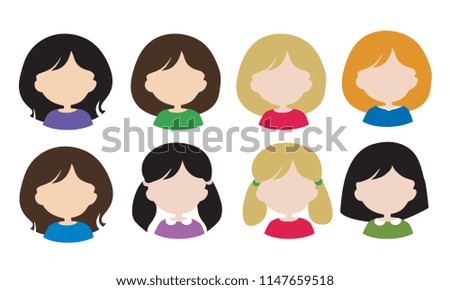 Set flat design of female avatars - head with hair without face, with different hair styles and hair color - vector, usable for web or social networks