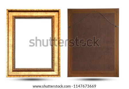 Close up old brown wooden picture frame isolated on white background
