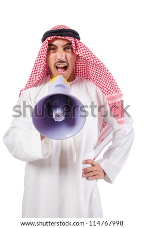 Arab man shouting through loudspeaker Royalty-Free Stock Photo #114767998