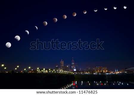 Lunar eclipse over city