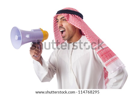 Arab man shouting through loudspeaker Royalty-Free Stock Photo #114768295