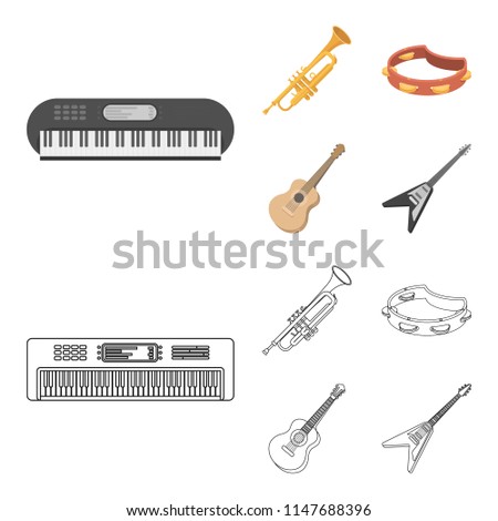 Electro organ, trumpet, tambourine, string guitar. Musical instruments set collection icons in cartoon,outline style vector symbol stock illustration web.