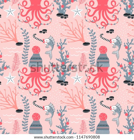 Octopus in winter hat with decoration garland Fish with candy Seaweed Coral Starfish decorative Xmas repeatable print. Underwater Christmas seamless vector pattern. Seasonal holidays wrapping paper.