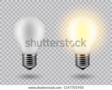 Vector image of a light bulb. Realistic 3d object on a transparent background. The effect of light. The symbol of creativity and ideas.  Royalty-Free Stock Photo #1147701950