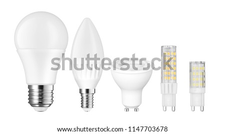 Different kinds of light bulb LED isolated on white background Royalty-Free Stock Photo #1147703678