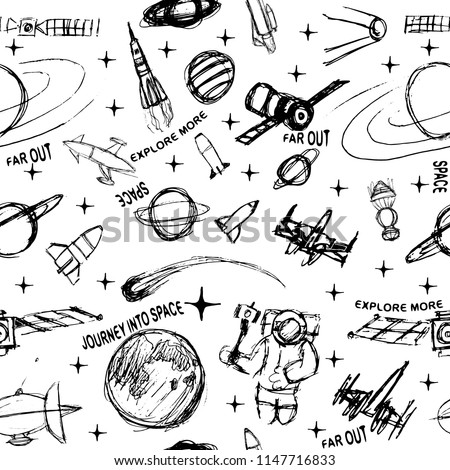  Space doodle illustration. Vector illustration. pattern with cartoon space rockets, planets, stars, slogans
