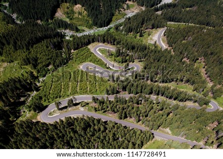 Aerial view of Transalpina mountain road, Romania Royalty-Free Stock Photo #1147728491