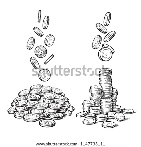  Sketch of falling coins in different positions, pile of cash, stack of money. Black and white finance, money set. Hand drawn collection isolated on white background. Vector illustration.