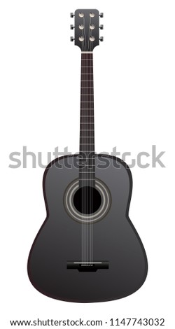 Vector illustration of black classic acoustic guitar isolated on white background. Musical instrument.