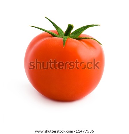 A tomato viewed from 3/4 front with its leaves. Laid on a pure white background with clipping path (excluding the drop shadow) Royalty-Free Stock Photo #11477536