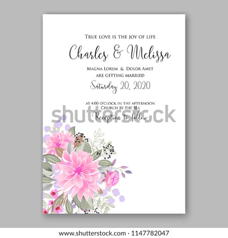 Romantic pink chrysanthemum peony greenery bouquet bride wedding invitation template design. Vector floral background for party celebration bridal baby shower anniversary congratulation greeting card
