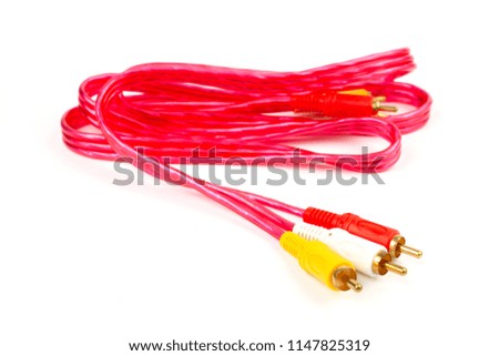 RCA Input audio and video signals connection red cables with 3 color jack isolated on white background.