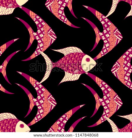 Exotic Fish. Seamless Pattern with Colorful Fish Hand Drawn in Zentangle Style. Sea Pattern for Textile, Fabric, Print. Bright Simple Texture in Trendy Colors. Vector Illustration.
